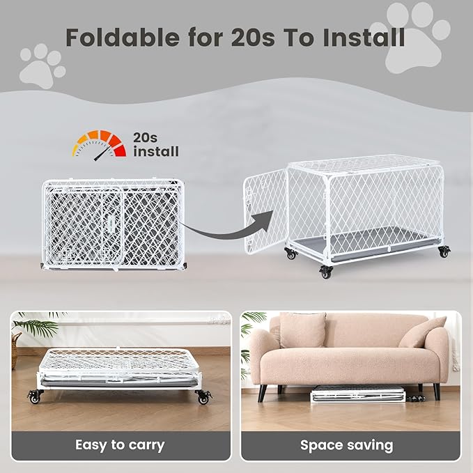 30 Inch Collapsible Dog Crate with Diamond Mesh, No-Tool Assembly Foldable Dog Kennel with 4 Lockable Wheels,Removable Tray,Portable Dog Cage for Medium/Large Dogs, Space-Saving, Indoor Outdoor Use