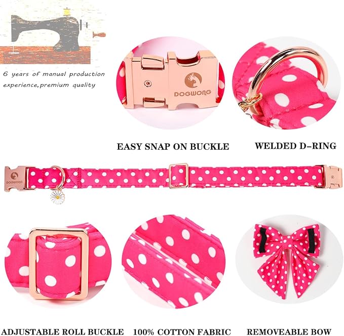 Pink Dog Collar for Girl Dogs, Spring Summer Pink Dots Dog Collar with Bowtie- Adjustable Female Sailor Bow Dog Collar for Small Dogs S