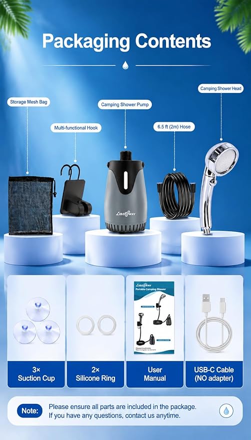 LIBERRWAY Portable Shower for Camping, 8000mAh Rechargeable Camping Shower Pump with LED Display&Ambient Light, 5 Pressure Modes, IPX8 Waterproof, Outdoor Shower Kit for Hiking,Travel, Car, Pet