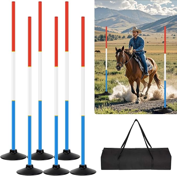 6 Pcs 6FT Pole Bending Poles for Horses | Horse Training Equipment with Round Base | Adjustable Gear for Horse Agility, Equestrian Sports, Soccer Drills, Football Practice & Dog Obstacle Courses