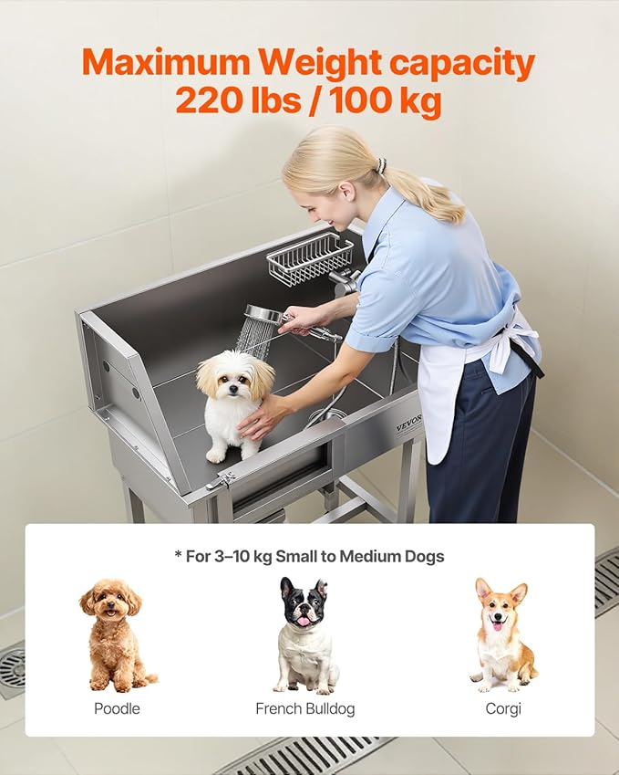 VEVOR 34" Dog Washing Station Professional Stainless Steel Pet Grooming Tub Bathtub Dog Wash Sink with Shower Faucet Soap Holder Non-Slip Stairs Easy-Clean for Small Dogs Cats Left Door