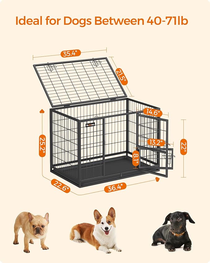 Feandrea 36.4 Inch Heavy Duty Dog Crate, Metal Escape Proof Kennel with Double Doors and Convenient Feeding Door, Removable Tray, Easy to Clean, L Pet Crate for Medium and Small Dogs, Black