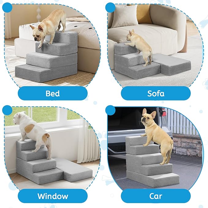 Dog Stairs for Small Dogs, 22" H Dog Steps for High Bed, 5 Steps 3 in 1 Foldable Pet Ramp for Large Cats Climb, Transformable Large Cats Ramp to Get on Couch, Non-Slip Balanced, Light Grey