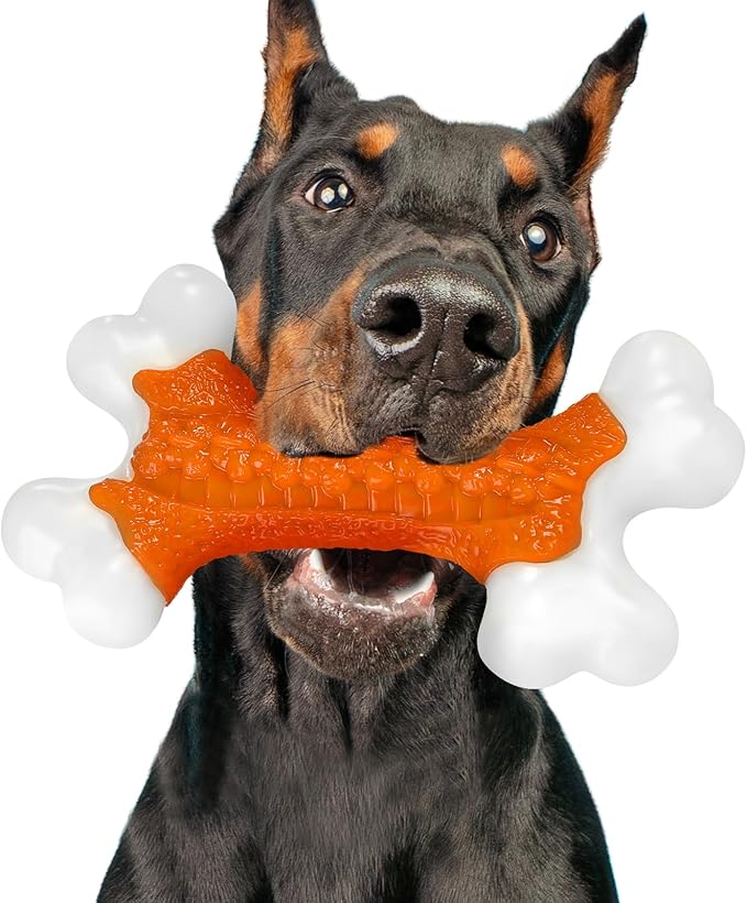Kseroo Indestructible Dog Toys for Aggressive Chewers: Peanut Butter Flavored Hard Nylon Bone Chew Toys, Tough Dog Chew Toys for Large Dogs, Dog Toys to Keep Them Busy for Medium Large Breed, Orange