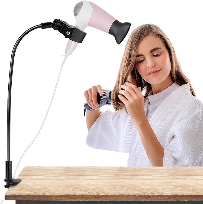 LUEXBOX 360 Degree Rotating Lazy Hair Dryer Stand, Adjustable Hose Hands Free Stand with Clips for Countertop (Black)