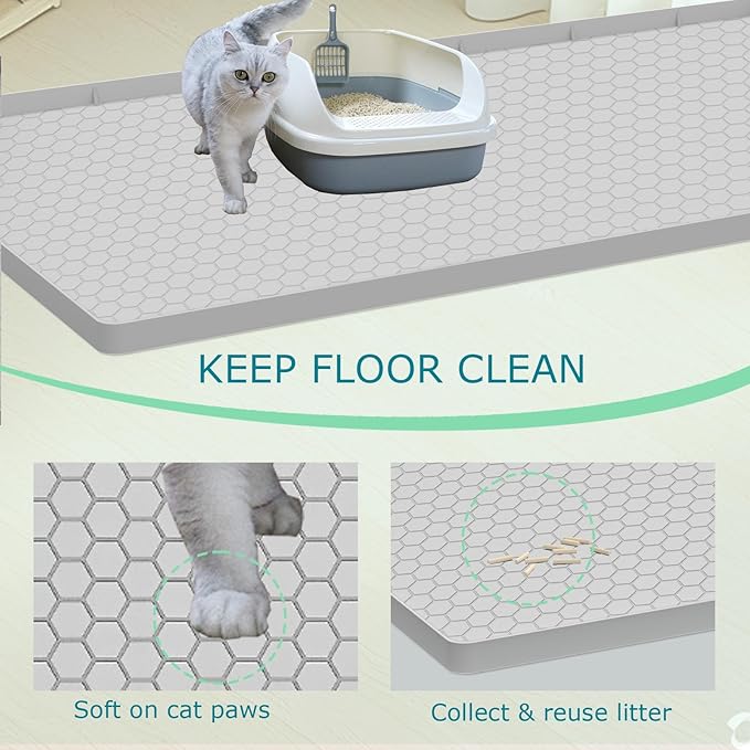 Cat Litter Mat, Silicone Large Cat Mat for Litter Box - 34x22 in, Waterproof & Non-Slip, Durable & Easy Clean, Light Grey