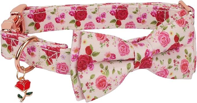 ADOGGYGO Floral Dog Collar with Bow, Red Pink Rose Flower Bow, Metal Buckle, Adjustable Floral Collars for Extra Large Dogs (X-Large)