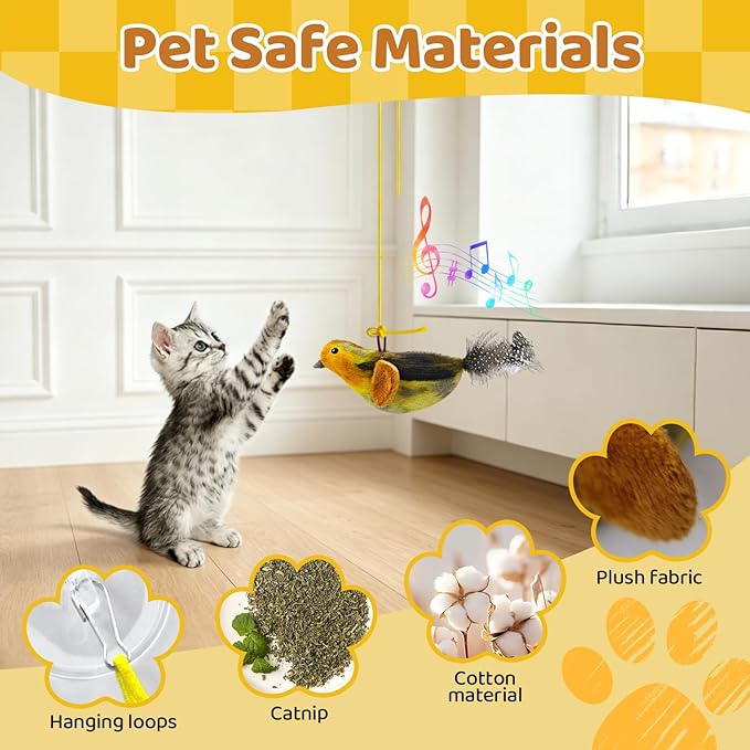 Obfuscate Flying Bird Cat Toy,Realistic Interactive Hanging Cat Toy with Chirping Sound,Retractable Door Frame Toy for Indoor Cats,Suitable for Bored Kittens and Multi-cat households(4Pcs)