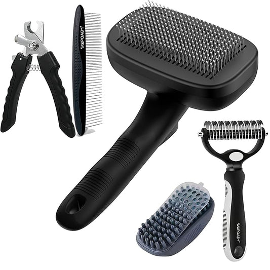 Self Cleaning Slicker Brush & Dog Brush Grooming Rake & Bath Brush & Nail Clippers & Pet Comb for Pets,Deshedding Dematting Tool for Long and Short Haired Dogs & Cats，Black 5 PCS