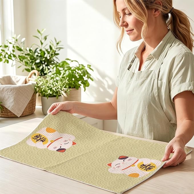 2 Pcs Japanese Lucky Cat Kitchen Towels 24x14 Inch, Maneki Neko Gifts Reusable Dish Towels for Kitchen Bathroom Decor, Waffle Weave Hand Cloth Tea Towel, Cute Cat Gifts for Women Mom Friend