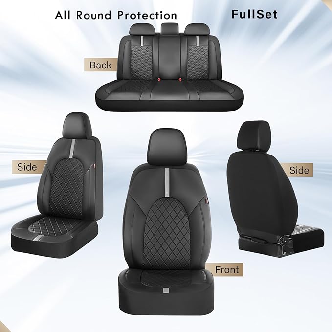 Coverado Car Seat Covers Full Set, Front Seats Back Seat Cover, Leather Seat Covers Non-Slip Seat Protectors Universal Fit for Most Cars (Black-White)