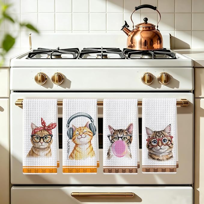Hanamiya Na 4 Pcs Funny Cat Kitchen Hand Towels 24x14 Inch, Cute Hand Towels for Home Kitchen Bathroom Farmhouse Decor, Cat Mom Lover Lady Gifts for Women Friend Grandma