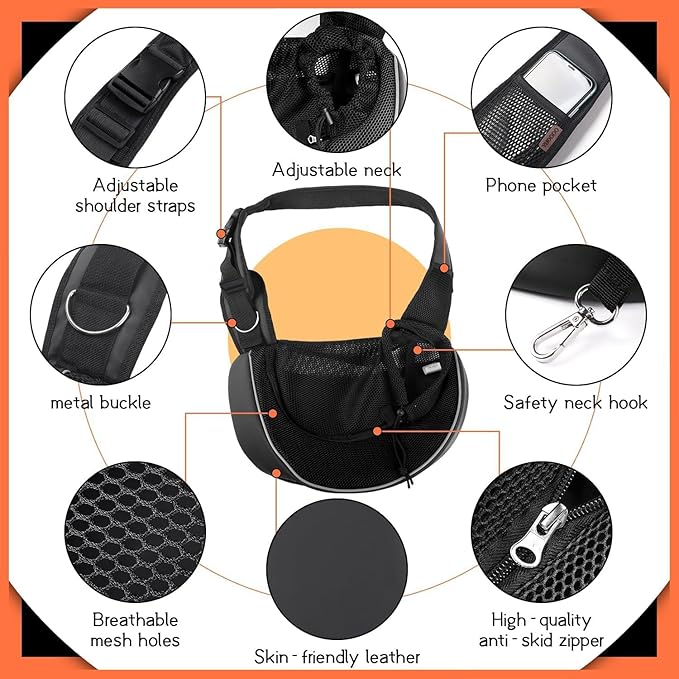 YUDODO Pet Sling Carrier for 5-9 lbs Small Dogs & Cats – Hands-Free Puppy Carrier with Safety Hook, Large Zipper Pocket, Soft Breathable Mesh, Adjustable Strap & Reflective Strip (Black 3.0 M)