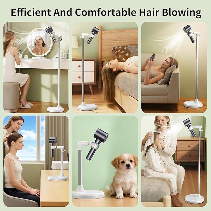 Hair Dryer Stand Hands Free With Anti-Slip Stable Base, Aluminum Alloy ,Adjustable Height 17 - 51 Inch,Blow Dryers Hairdryer Holder for Families & Pet Grooming Bathroom Use Hair Dryer Holder（White）