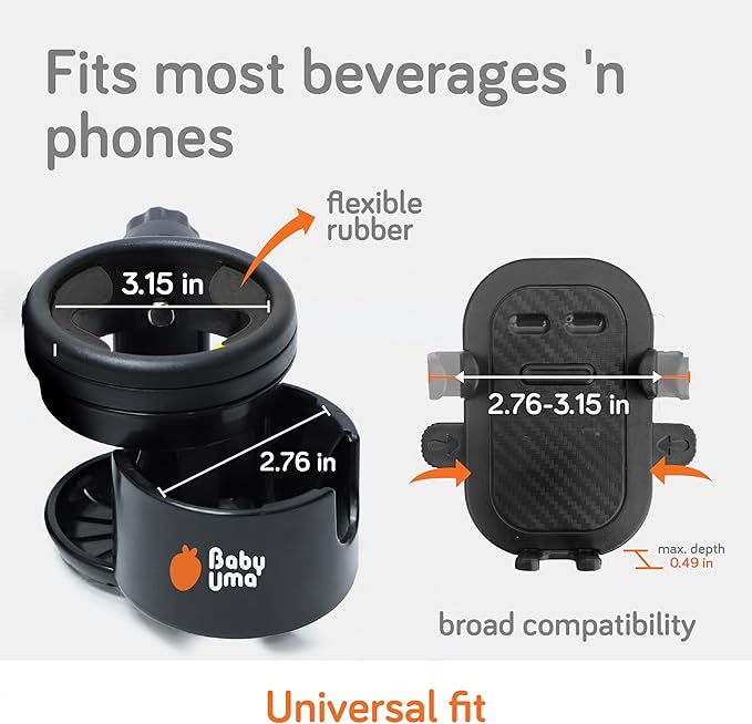 Baby Uma 3-in-1 Cup Holder Phone Holder - Universal Stroller Cup Holder Attachment with 360° Phone Mount, Stanley Cupholder for Stroller, Stroller Accessories
