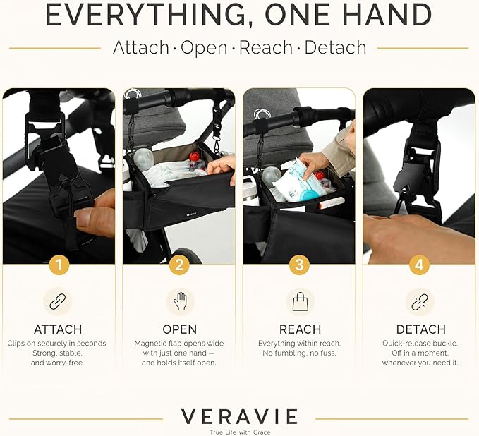 VERAVIE One Hand Stroller Caddy Organizer, Universal Cup Holder & Phone Holder for Stroller, Double Stroller Organizer, Magnetic Closure, Detachable Shoulder Strap, Wonderfold Wagon & Pet Stroller