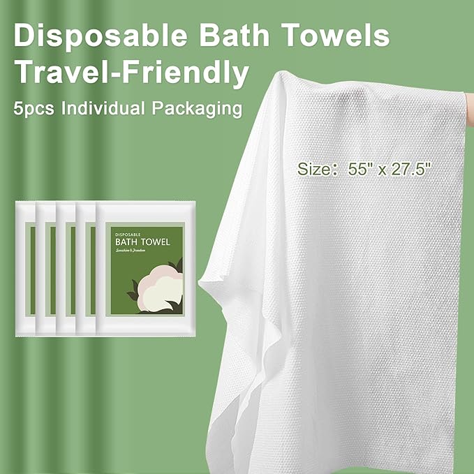 Disposable Bath Towels, 55" x 27.5" Ultra Soft, Quick Dry Disposable Body Towels, Portable Travel Towel for Hotel Camping Beach Swimming Gym Sauna Spa, Personal Care Pet Towels (5pcs)