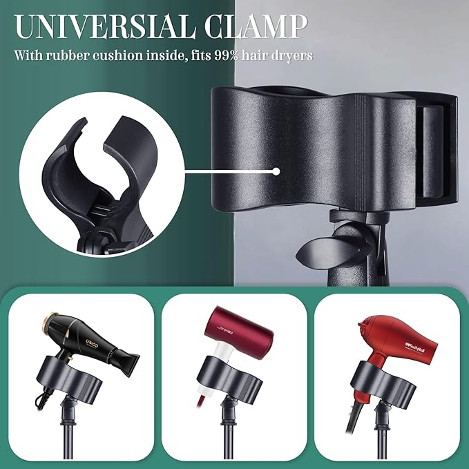Hair Dryer Holder Hands Free 59in/150cm Height Adjustable Blower Stand with Upgraded Larger Clamp, 180 Degrees Rotatable Heavy Duty Blow Dryer Floor Stand Countertop Holder
