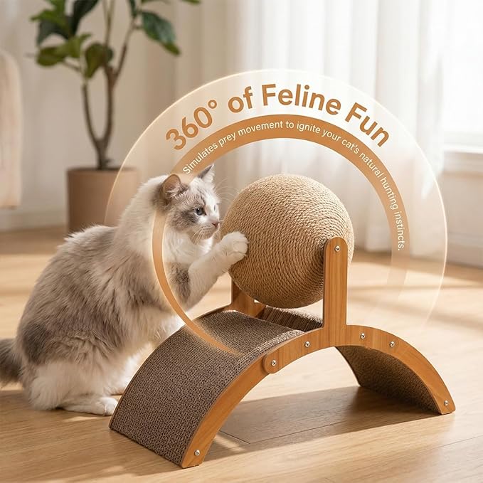 Cat Scratching Ball on Stand, 29.5/21.5/13.8inch Wobble Ball Cat Scratcher, Interactive Cat Arch Scratcher with 360° Rotating Sisal Ball, Board Ball for Indoor,Protects Furniture & Rugs (13.8inch)
