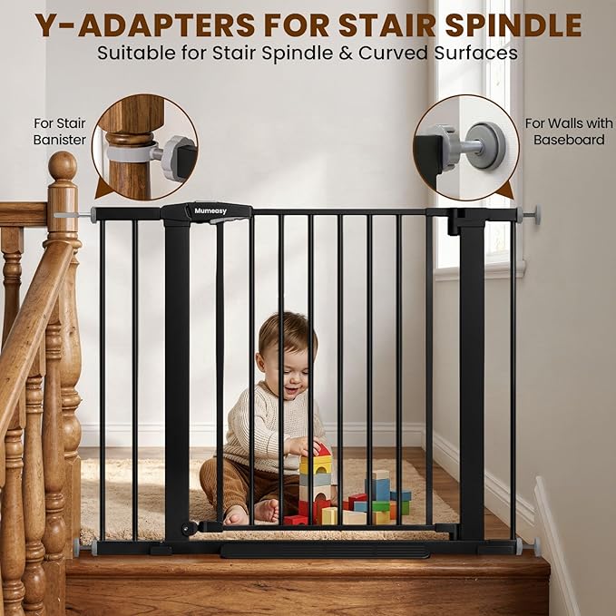 Mumeasy 29.7-40.6" Baby Gate for Stairs, Auto Close Dog Gate for Doorways, Pressure Mounted No Drill Pet Gate with Easy Walk Thru Door, Double Lock, Black