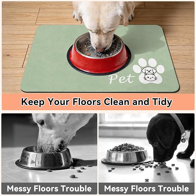 Dog Cat Feeding Mat-Absorbent Pet Bowl Mat for Food and Water, Quick Dry Water Dispenser Mat for Floors with Waterproof Rubber Backing, Large Dogs Placemat Mats for Messy Drinkers,17"x27",Sage Green
