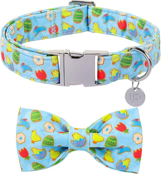 Easter Dog Collar with Bow Tie, Cotton Bunny Bowtie for Large Girl Boy Dog, Cute Rabbit Pet Collar with Metal Buckle, Gift, S