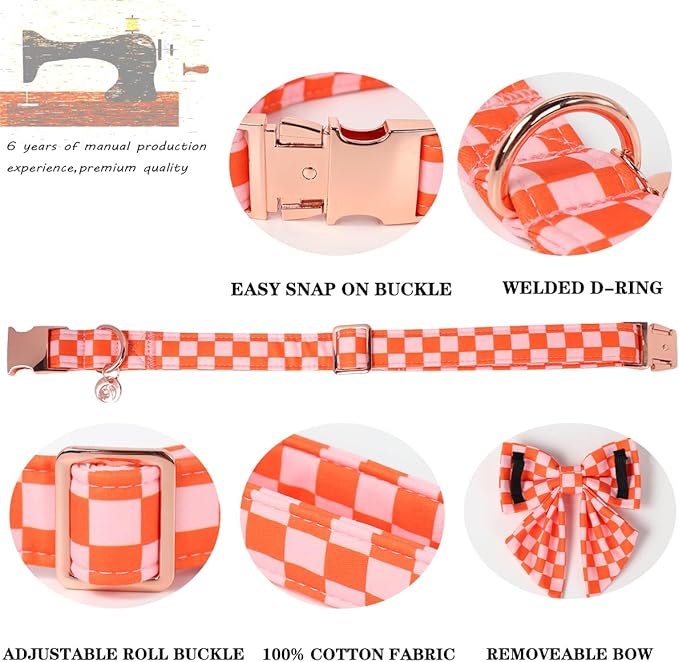 DOGWONG Orange Pink Plaid Dog Collar with Bow - Adjustable and Comfortable Autumn Dog Collar Fall Necklace for Large Medium Small Pet,S