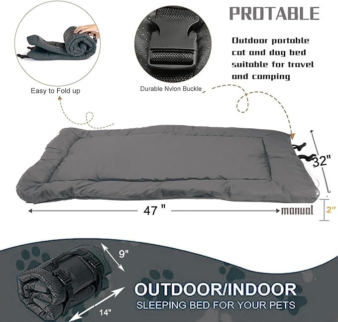 YOFANG Extra Large Outdoor Travel Dog Bed Mat, 47"x32" Waterproof Anti-Slip Kennel Pad, Washable Nylon Camping Bed, Portable Foldable Crate Mat for Large/Medium Dogs, Indoor Outdoor Car Pet Mat Grey