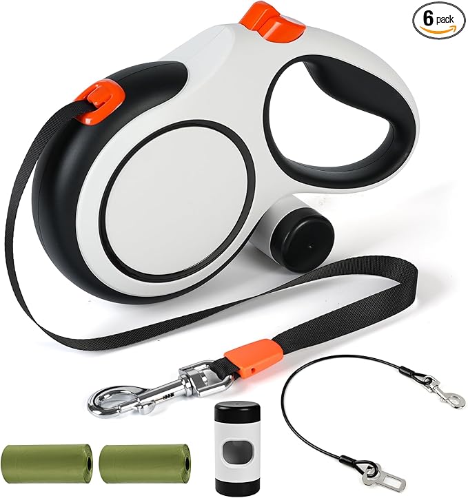 Upgraded Retractable Dog Leash with Chew Proof Cable, 26ft Heavy Duty Dog Leash for Large Dogs up to 110lbs, No-Tangle, Non-Slip Handle, One-Handed Brake, with Poop Bag Holder (Orange, L 26ft)