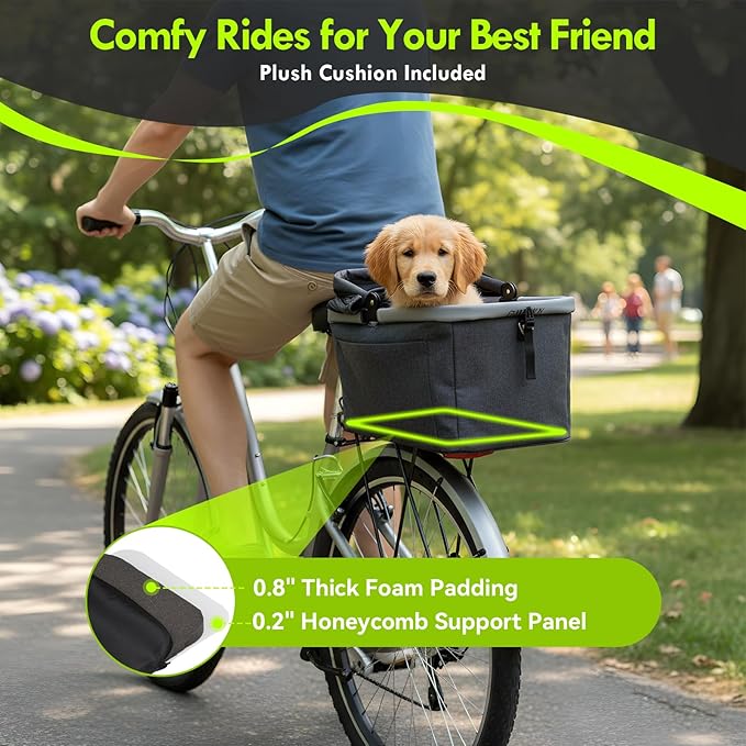 Foldable Dog Rear Bike Basket Supports Up to 22 lbs with Metal Frame, PE Support Plate, Quick-Install Mount for 3.54-4.72 inch Diameter Tubes, Mesh Window, Soft Cushion & Reflective Strips