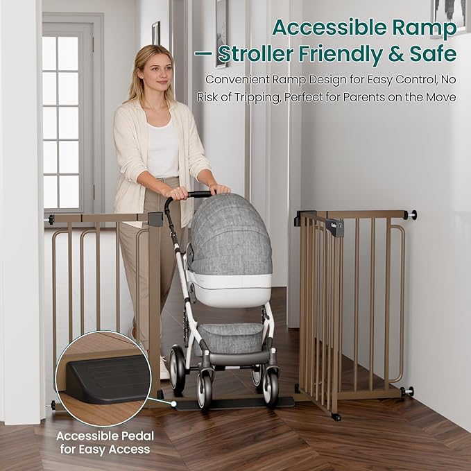 Cumbor 30.4-56.8" Extra Wide Baby Gate for Stairs, Dual Lock & Self-Closing Dog Gate Indoor, Easy Install Pet Gate for Doorways & Wide Openings, Easy Walk Thru Safety Proofing for Babies & Pets, Brown