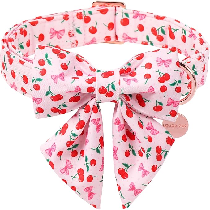 Spring and Summer Dog Collar with Bow Tie, Cherry Bowtie Collar Adjustable for Girl Boy Dog, Spring Pink Bow Collar for Dogs, XS