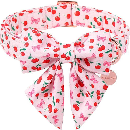 Spring and Summer Dog Collar with Bow Tie, Cherry Bowtie Collar Adjustable for Girl Boy Dog, Spring Pink Bow Collar for Dogs, XS