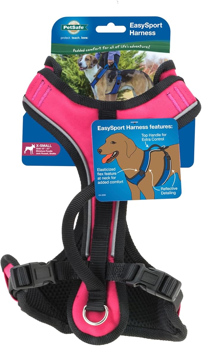 PetSafe EasySport Dog Harness Adjustable Padded Dog Harness with Control Handle and Reflective Piping Extra Small, Pink
