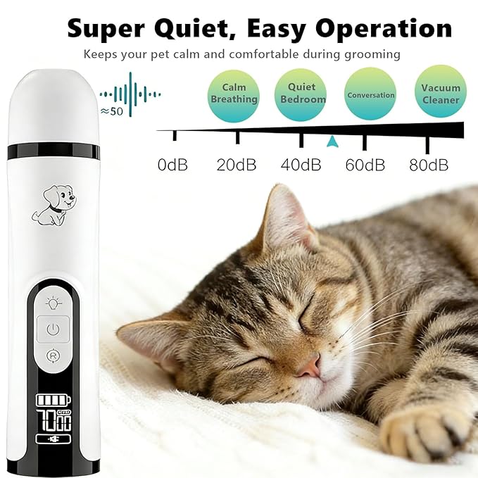 Silent Pets Nail Grinder with 2 Lights and 3 Speeds, Cordless Dog Nail Trimmers, 2000mAh Rechargeable,Painless Paws Grooming Pro for Small Medium Large Dogs & Cats (2 Replacement Heads)