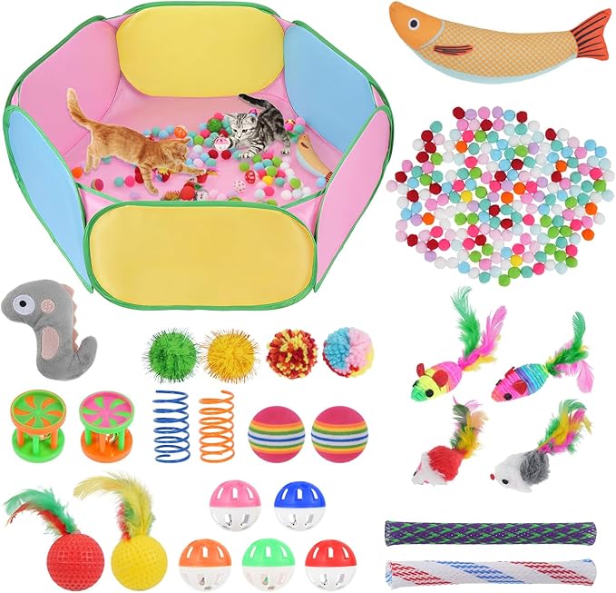 Foxtell Cat Ball Pit Include 226 PCS Interactive Cat Toys for Indoor Bored Self Play Enrichment Toy for Indoor Cats Interactive Fun and Exercise
