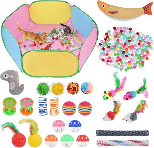 Foxtell Cat Ball Pit Include 226 PCS Interactive Cat Toys for Indoor Bored Self Play Enrichment Toy for Indoor Cats Interactive Fun and Exercise