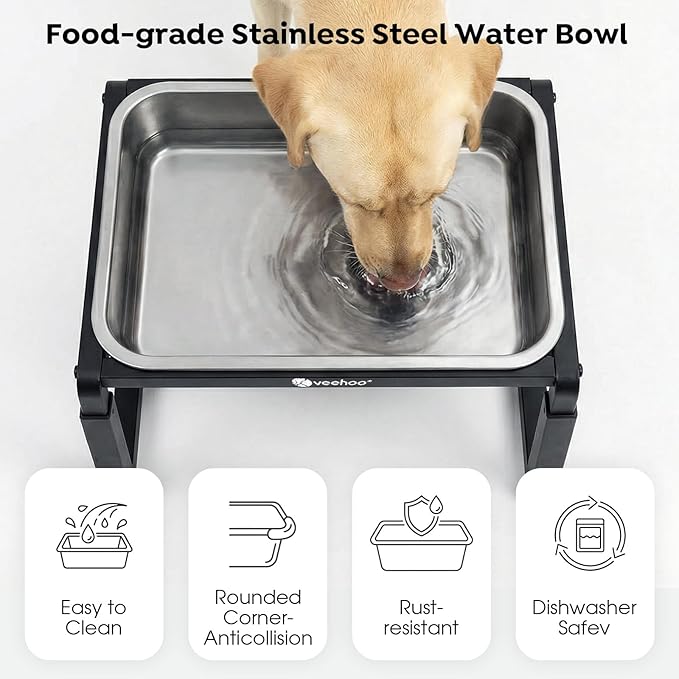 Veehoo 2.4 Gallon Elevated Dog Water Bowl, Stainless Steel Raised Dog Water Bowl Stand for Large Breeds, 3 Adjustable Heights Tall Dog Feeding Station for Relief Joint Pressure, Indoor & Outdoor