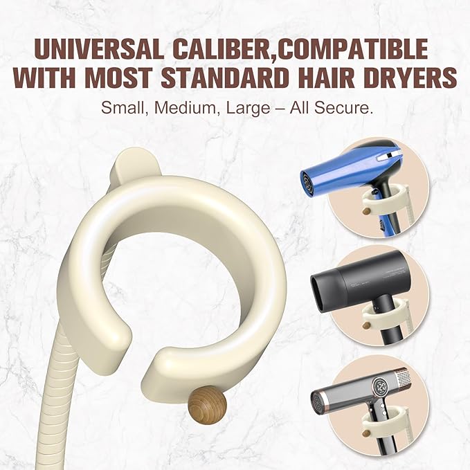 Hands Free Hair Dryer Holder Wall Mount, 360° Rotating Adjustable Height Suction Cup Blow Dryer Holder, No Drill Installation, Damage-Free Wall, with Cord Storage for Most Hair Dryers（Cream）
