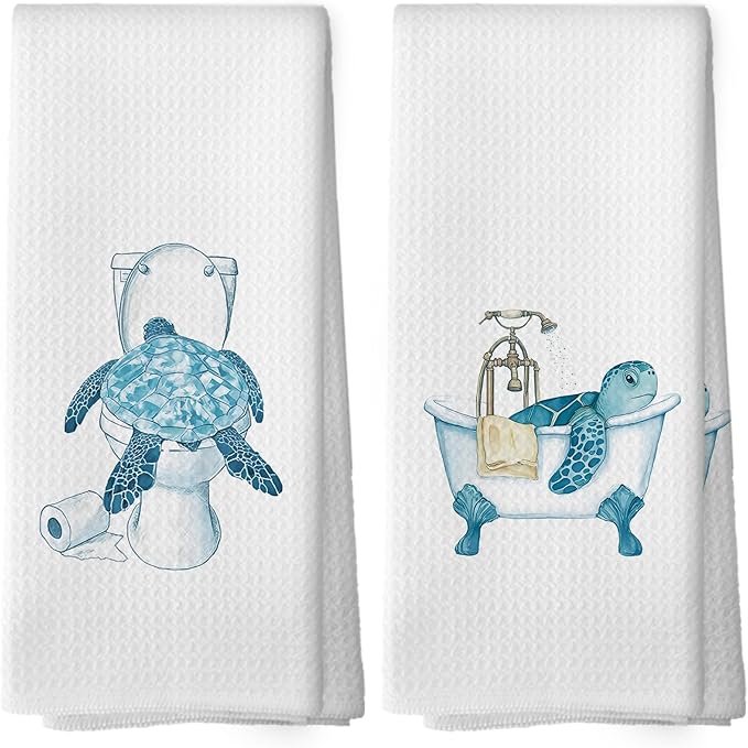 Funny Sea Turtle Bathroom Towels Set of 2, Ocean Animal Sea Turtle Hand Towel, Bathroom Restroom Washroom Decorative Tea Towel Dish Towels 16x24 Inch