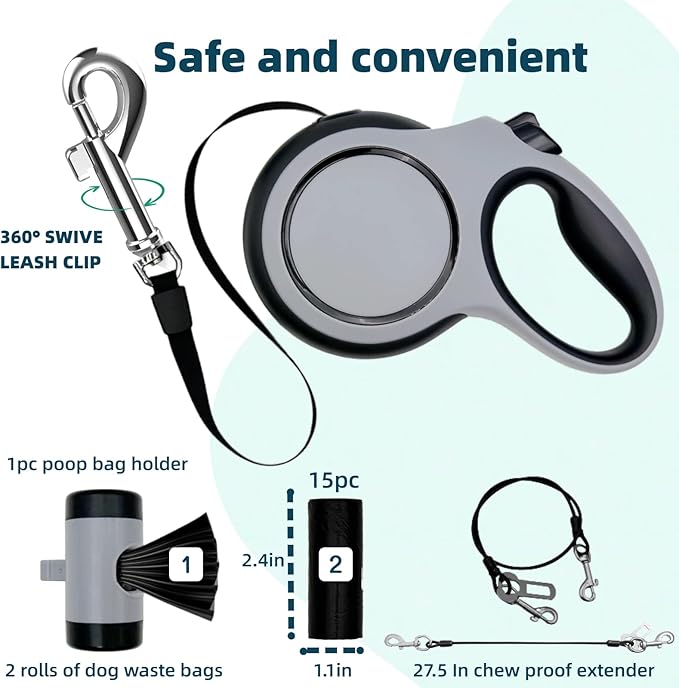 26ft Retractable Dog Leash for Large Dogs with Poop Bag Holder,Heavy Duty Retractable Dog Leash with Chew Proof Extender,One-Hand Lock System,Impact-Resistant,Up to 110 lbs (Grey)