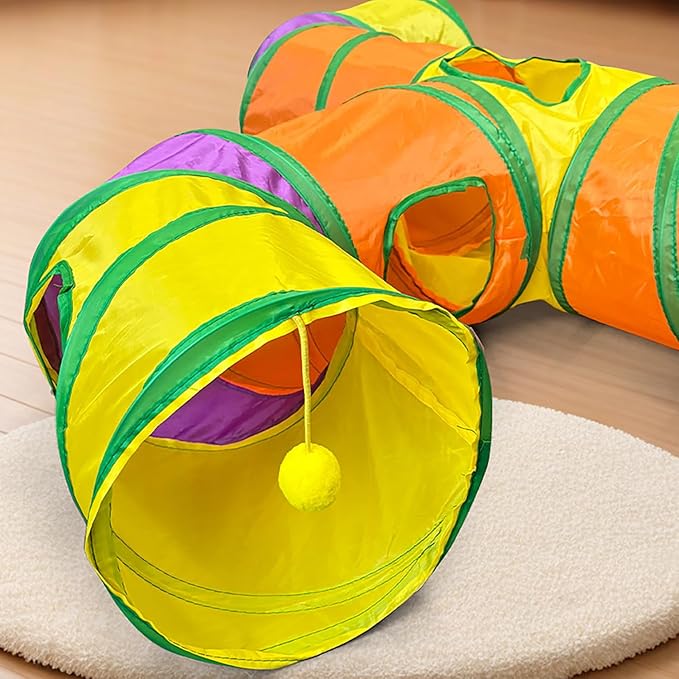 3-Way Cat Tunnels for Indoor Cats with Peek Hole, Large Foldable Rainbow Pet Tube Toy with Hanging Ball, Fun Interactive Toys for Kittens, Rabbits, Small Dogs