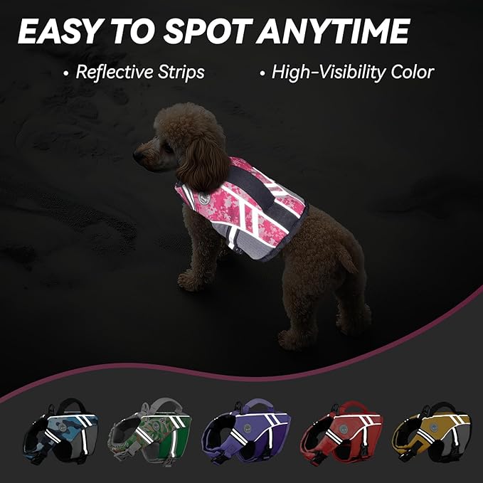 VIVAGLORY Sports Style Dog Life Vest, Dog Life Jacket for Swimming & Boating, Ripstop & Buoyancy for Puppy Doggy, Lifejacket with Handle, XS, Camo Pink