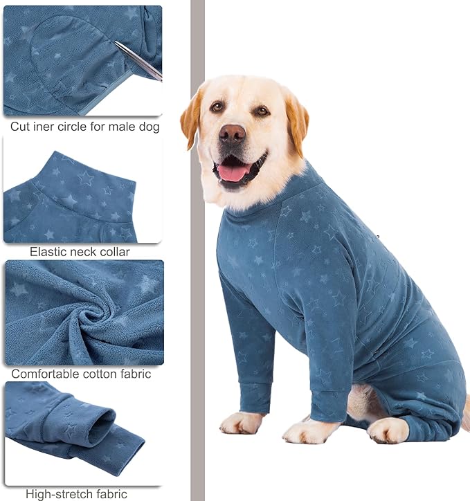Dog Coats Autumn Winter Jumpsuit for Large Medium Dogs, Warmer Recovery Suit Polar Fleece Dog Bodysuit Lightweight Pajamas Pullover Stretchy Onesie Four-Legged Cold Weather Clothes(5XL, Blue)