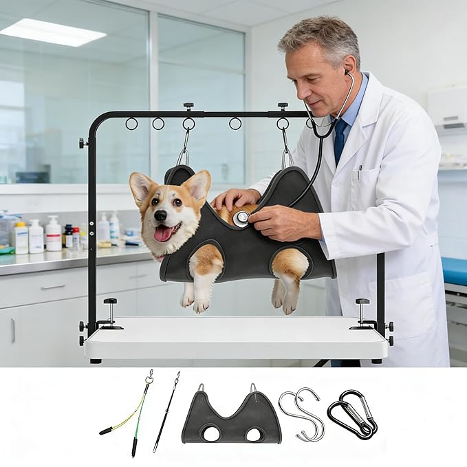 Dog Grooming Table Arm with Hammock 42'' Height, 27''39'' Width, Clamp Fits up to 2.76'', with Hammock & 2 Nooses Portable Pet Grooming Station for Nail Trimming, Cats & Dogs at Home