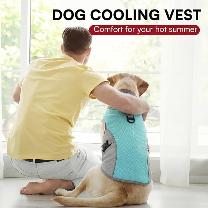 Dog Cooling Jacket for Large Dogs, Pet Cooling Vest with Mesh and D Ring, Dog Reflective Stripe Cooler Jacket for Beach, Hiking, Walking, Blue-L