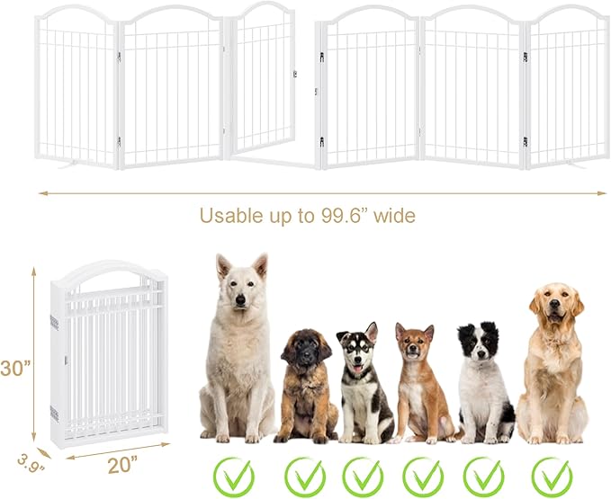 BHG Metal No-Assembly Freestanding Dog Gate with Door Walk Through, Extra Wide 120", Extra Tall 30" Pet Gate, Accordion Puppy Folding Playpen Dog Fence for Indoor & Outdoor, with 2PCS Support - White
