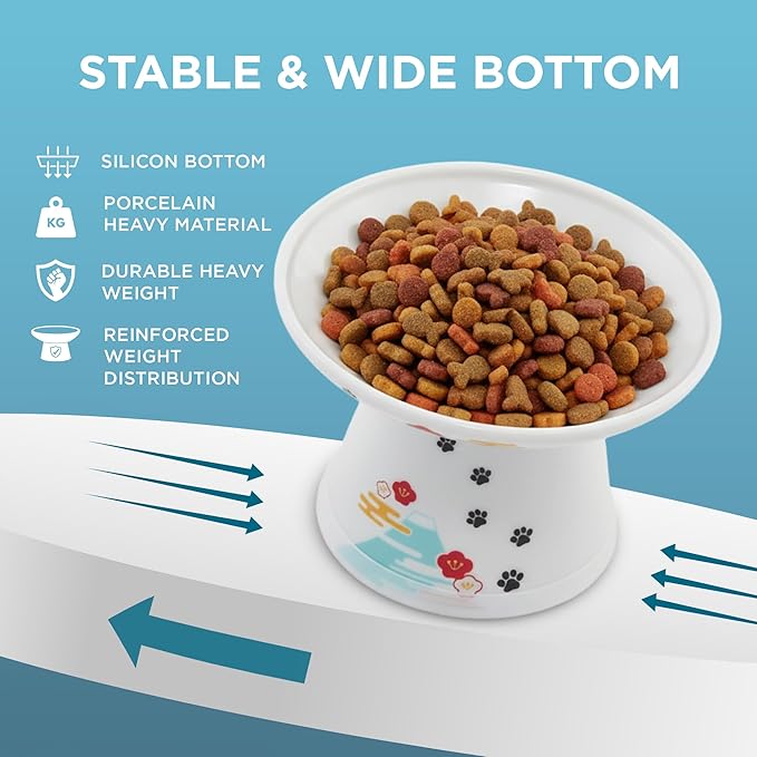 Necoichi Elevated Cat Food Bowl, Ceramic (Porcelain), Whisker-Friendly, Dishwasher & Microwave Safe, Non-Slip Silicone Base, Anti-Vomiting & Neck Fatigue (Fuji, Extra Wide, 2-Cups Capacity).