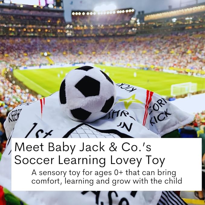 Baby Jack & Co 10x10” Soccer Sports Lovey Sensory Plush Blanket - Tag Toy for Babies - Baby Stroller Toys - Learn Shapes, Letters & Colors - MVP Ball Toy & Sports Gift w/ Stroller Clip World Cup