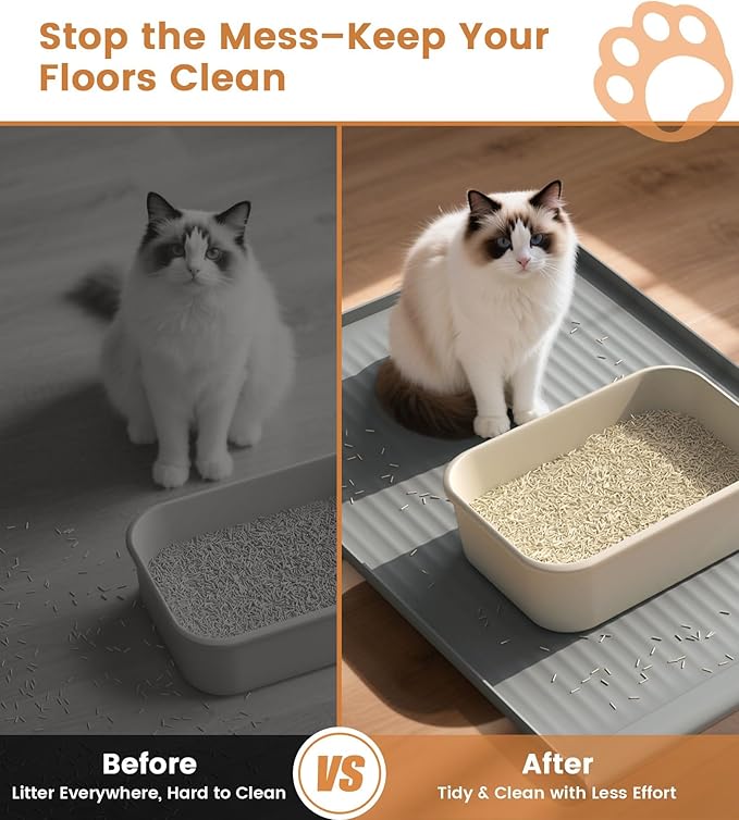 Cat Litter Mat for Litter Box, Waterproof Litter Trapping Mat with Raised Edge, Stops Litter Tracking & Protects Floors, Easy to Clean Cat Mat, 36x24 Inch, Grey